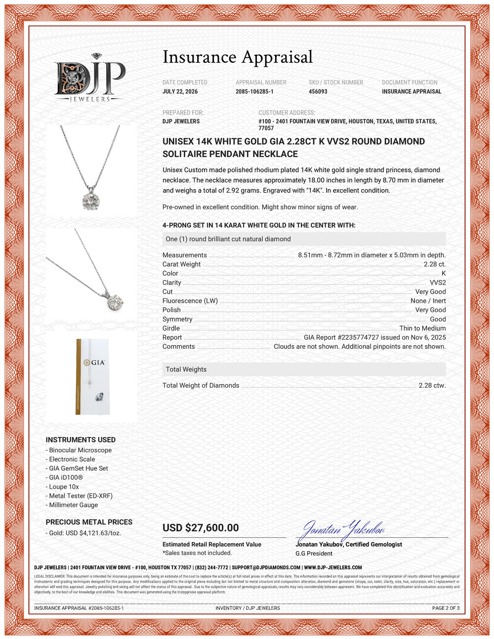 Unisex 14K White Gold Gia 2.28ct K VVS2 Round Diamond Solitaire Pendant Necklace