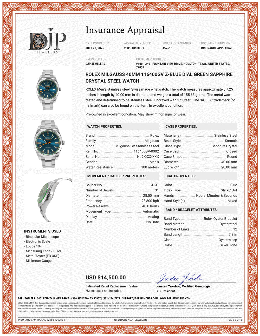 Rolex Milgauss 40MM 116400GV Z-Blue Dial Green Sapphire Crystal Steel Watch