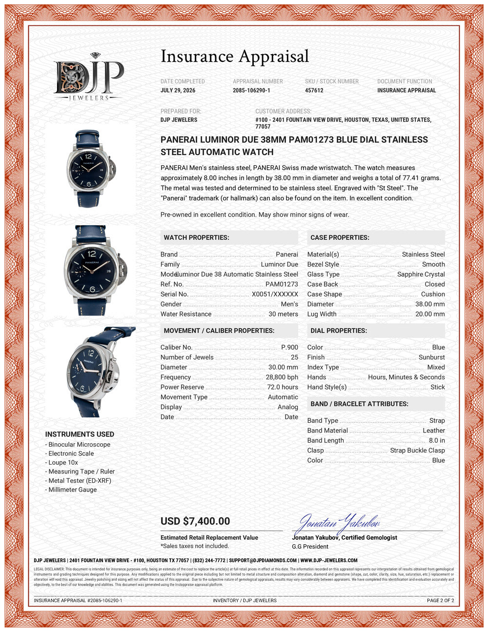 Panerai Luminor Due 38MM PAM01273 Blue Dial Stainless Steel Automatic Watch