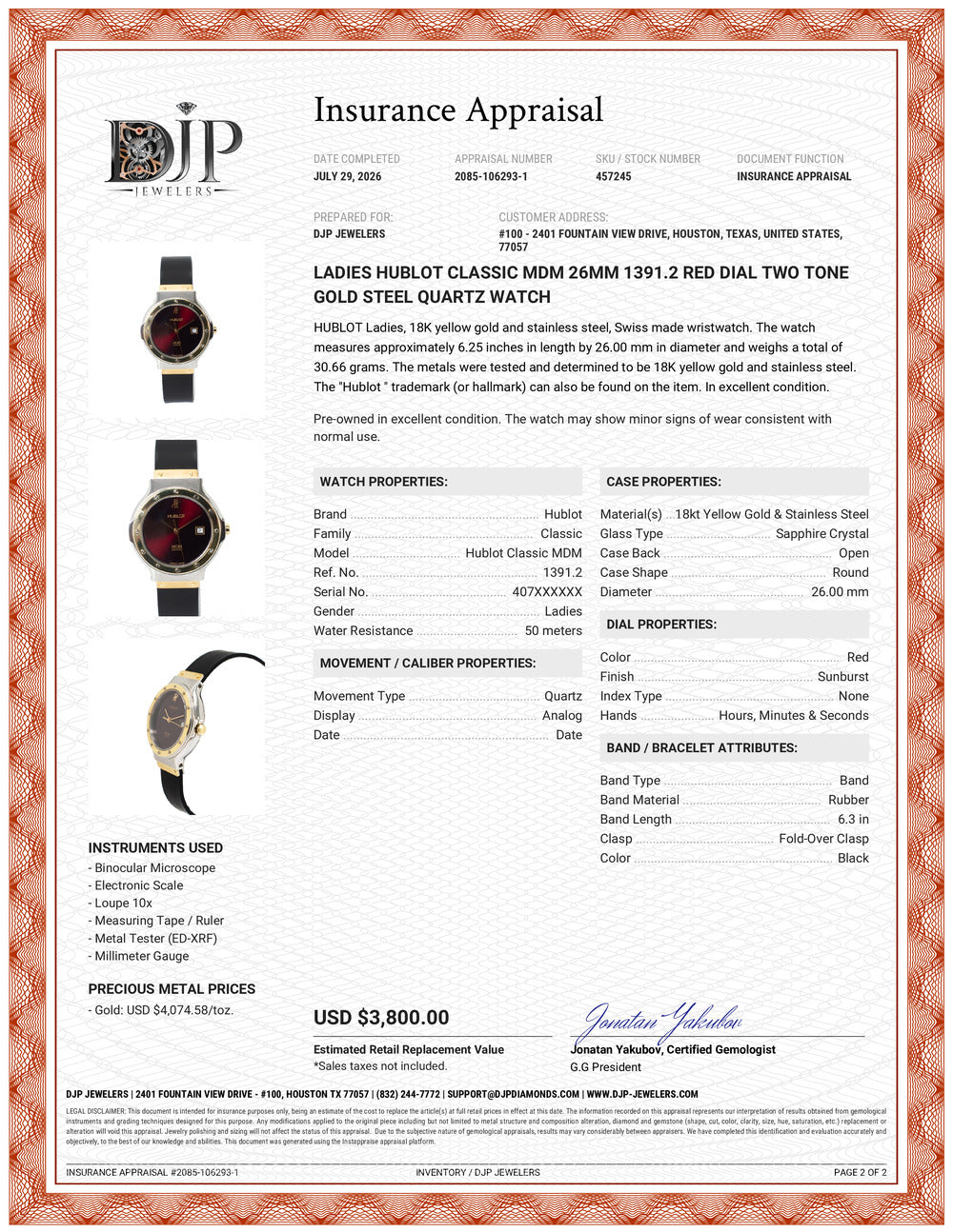 Ladies Hublot Classic Mdm 26MM 1391.2 Red Dial Two Tone Gold Steel Quartz Watch