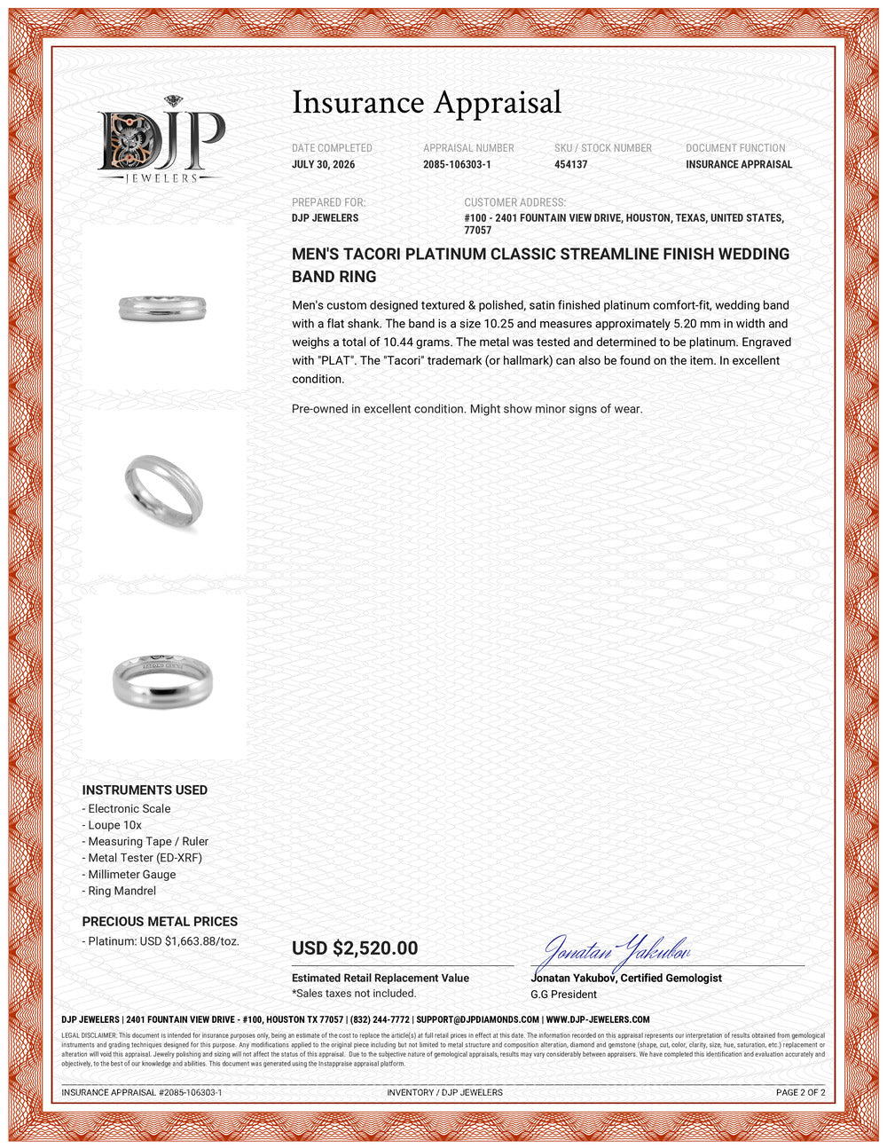 Men’s Tacori Platinum Classic Streamline Finish Wedding Band Ring