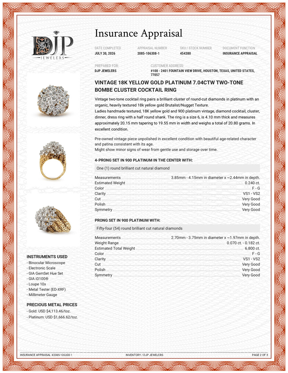 Vintage 18K Yellow Gold Platinum 7.04ctw Two-Tone Bombe Cluster Cocktail Ring