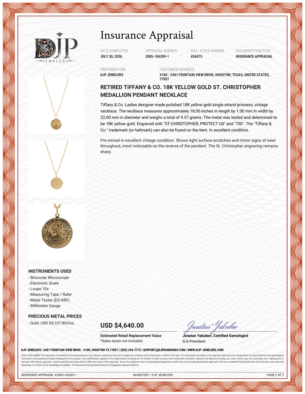 Retired Tiffany & Co. 18K Yellow Gold St. Christopher Medallion Pendant Necklace