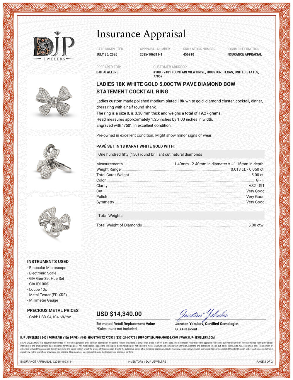 Ladies 18K White Gold 5.00ctw Pave Diamond Bow Statement Cocktail Ring
