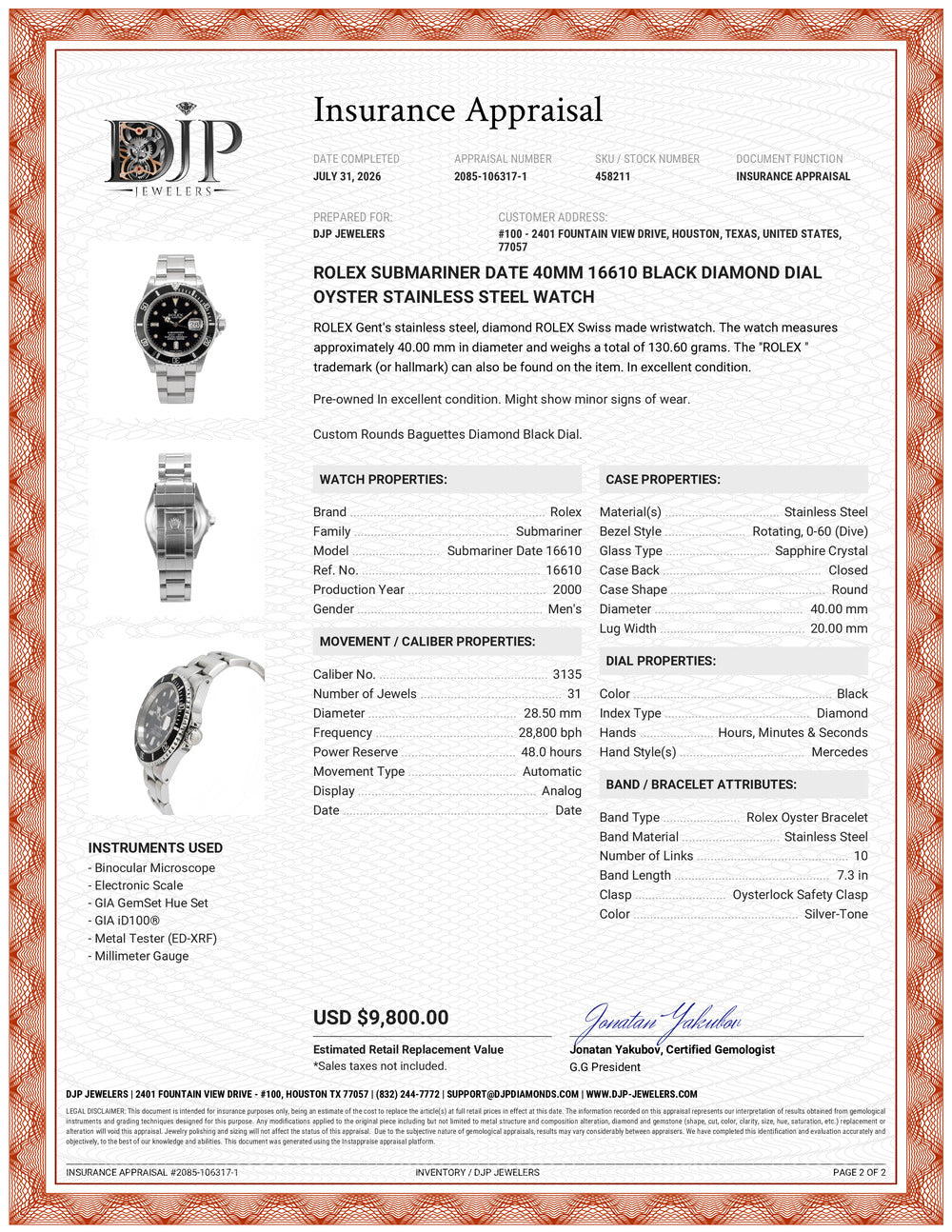 Rolex Submariner Date 40MM 16610 Black Diamond Dial Oyster Stainless Steel Watch