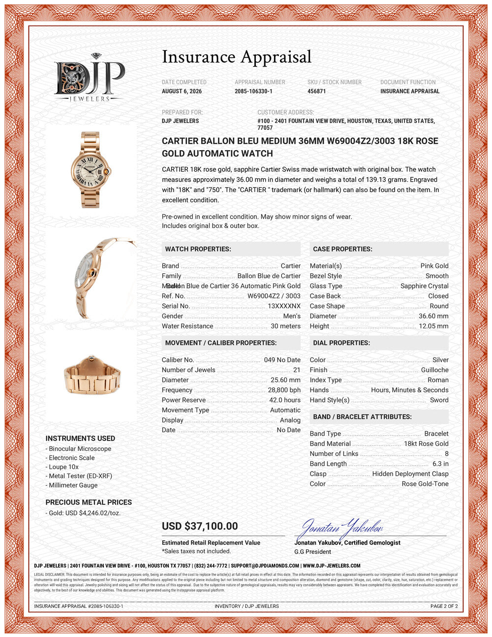 Cartier Ballon Bleu Medium 36MM w69004z2/3003 18K Rose Gold Automatic Watch