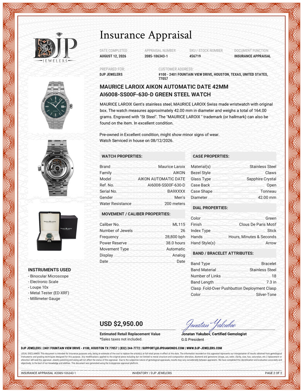 Maurice Laroix Aikon Automatic Date 42MM AI6008-ss00f-630-D Green Steel Watch
