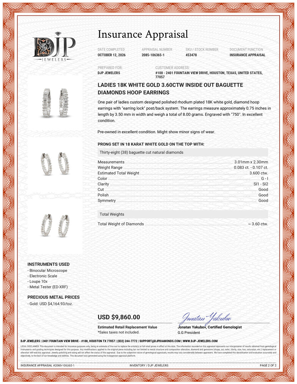 Ladies 18K White Gold 3.60ctw Inside Out Baguette Diamonds Hoop Earrings