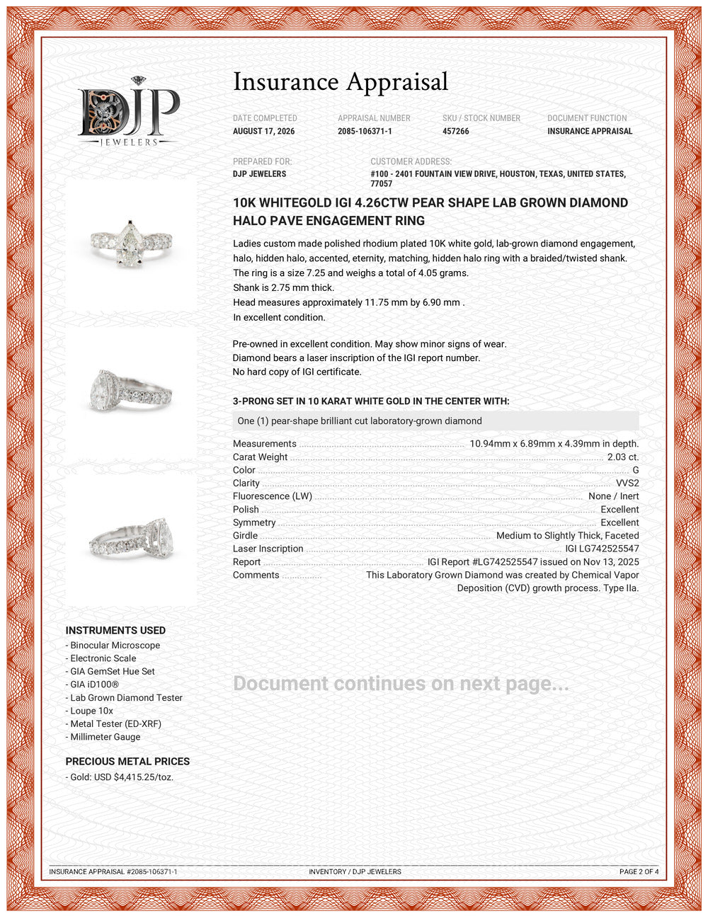 10K White Gold Igi 4.26ctw Pear Shape Lab Grown Diamond Halo Pave Engagement Ring
