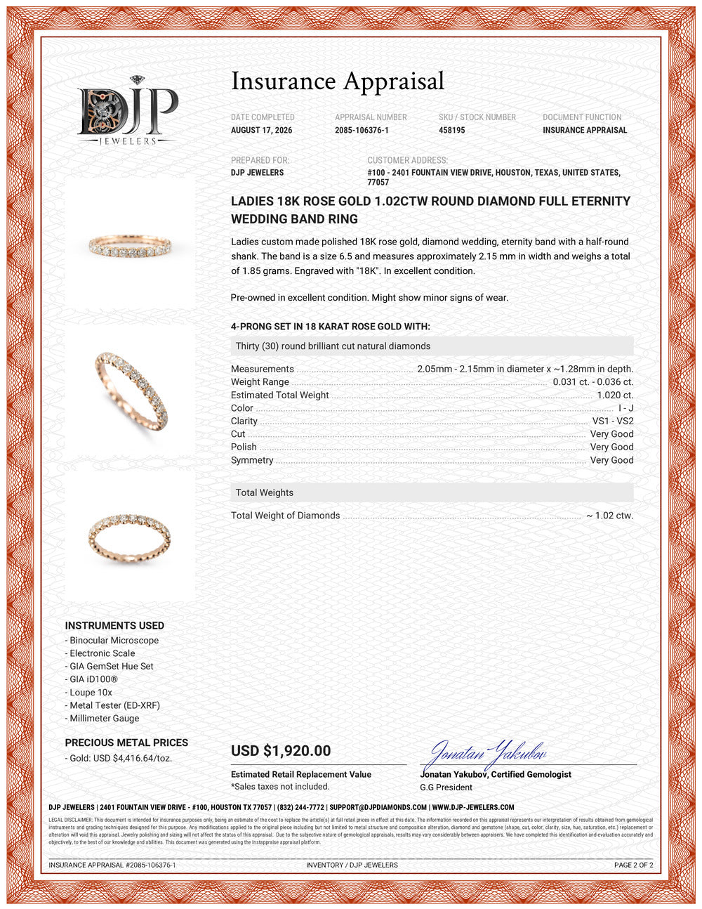 Ladies 18K Rose Gold 1.02ctw Round Diamond Full Eternity Wedding Band Ring