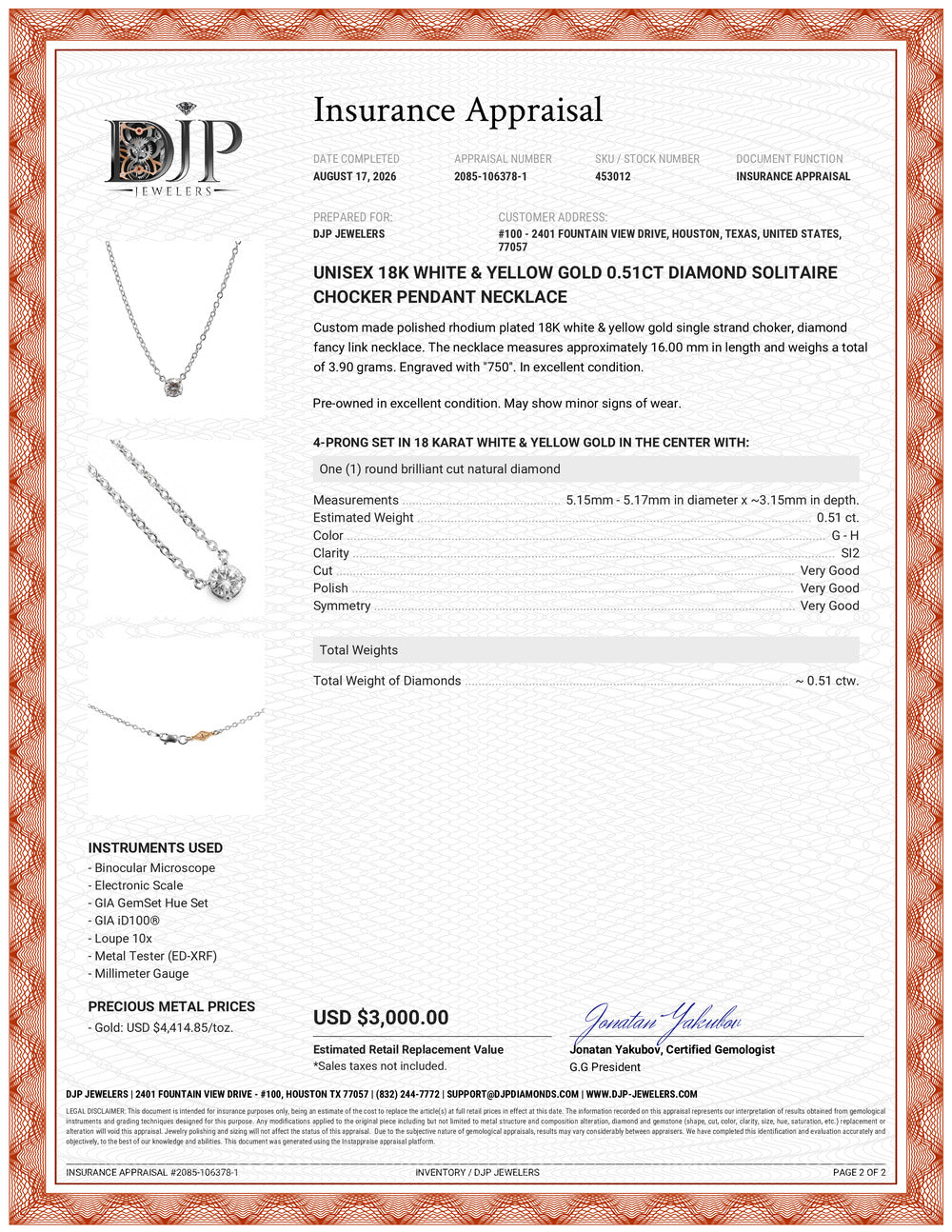 Unisex 18K White & Yellow Gold 0.51ct Diamond Solitaire Chocker Pendant Necklace