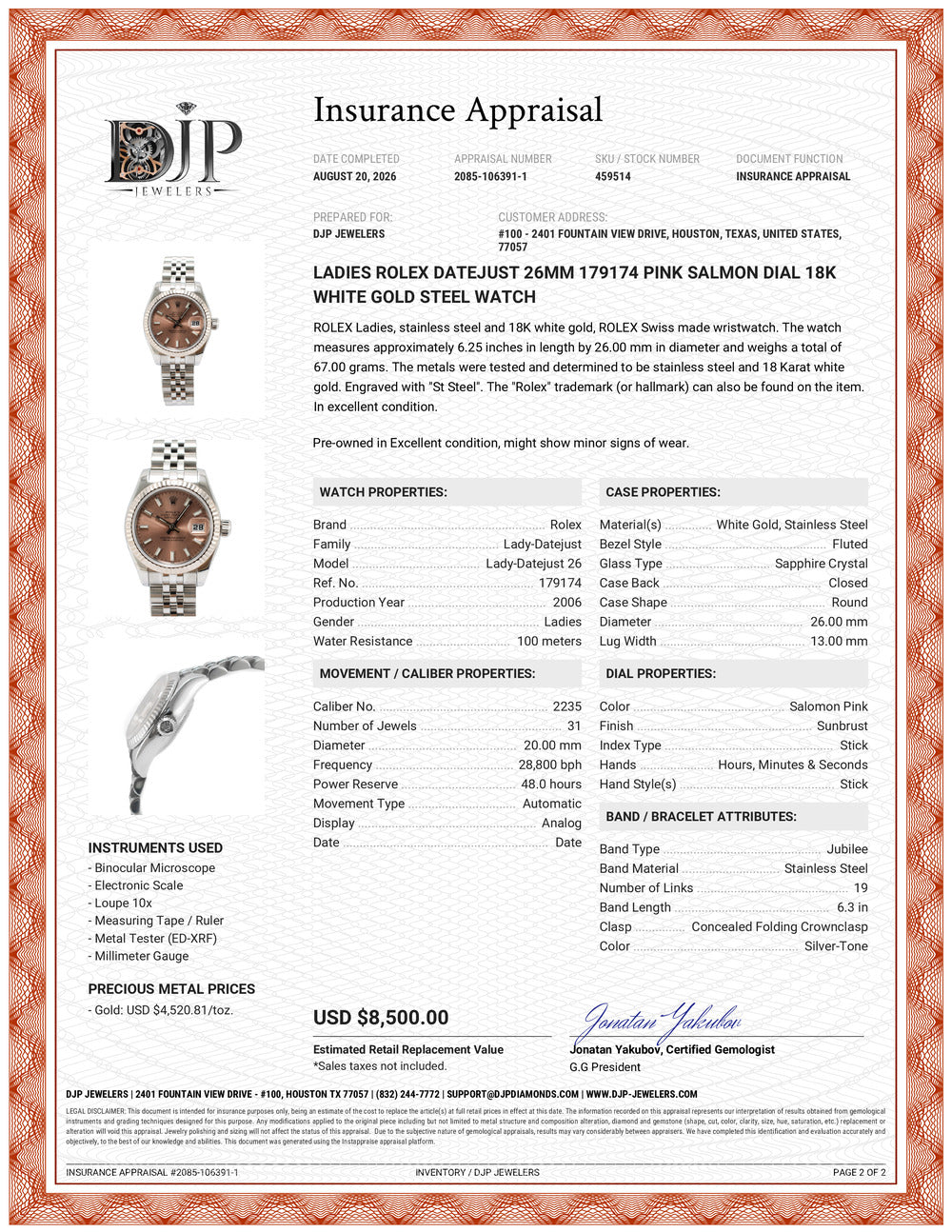Ladies Rolex Datejust 26MM 179174 Pink Salmon Dial 18K White Gold Steel Watch