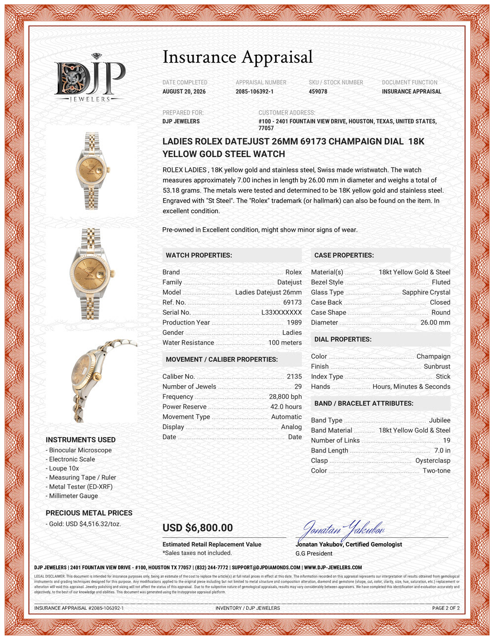 Ladies Rolex Datejust 26MM 69173 Champaign Dial 18K Yellow Gold Steel Watch