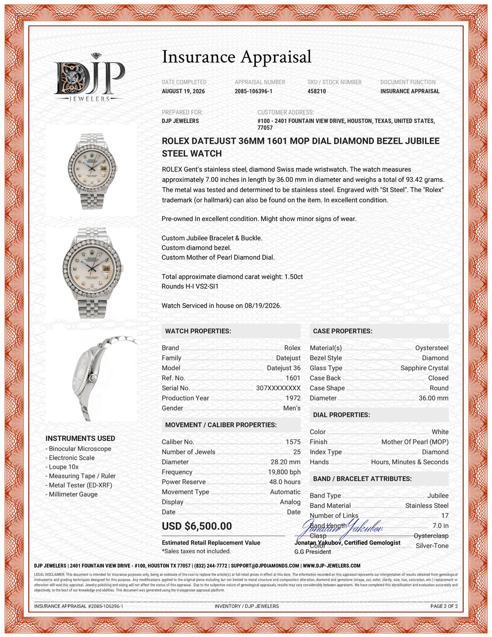 Rolex Datejust 36MM 1601 Mop Dial Diamond Bezel Jubilee Steel Watch
