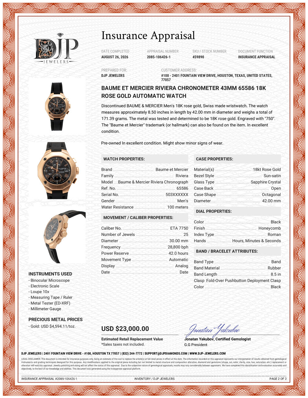 Baume ET Mercier Riviera Chronometer 43MM 65586 18K Rose Gold Automatic Watch