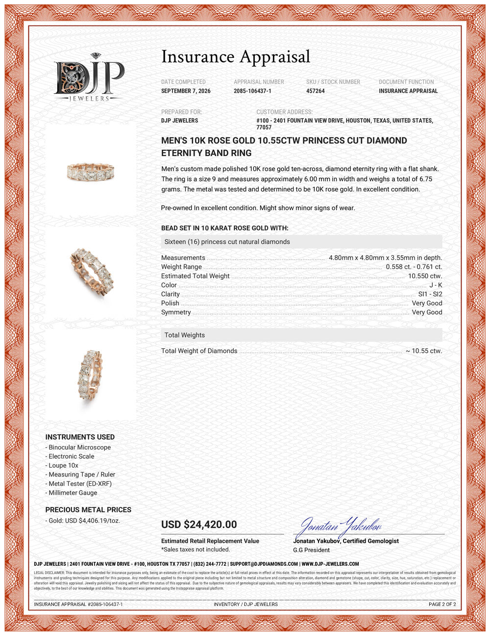Men’s 10K Rose Gold 10.55ctw Princess Cut Diamond Eternity Band Ring
