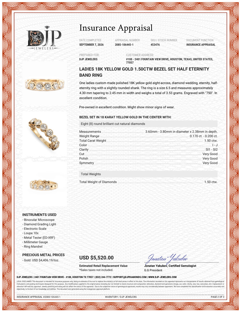 Ladies 18K Yellow Gold 1.50ctw Bezel Set Half Eternity Band Ring