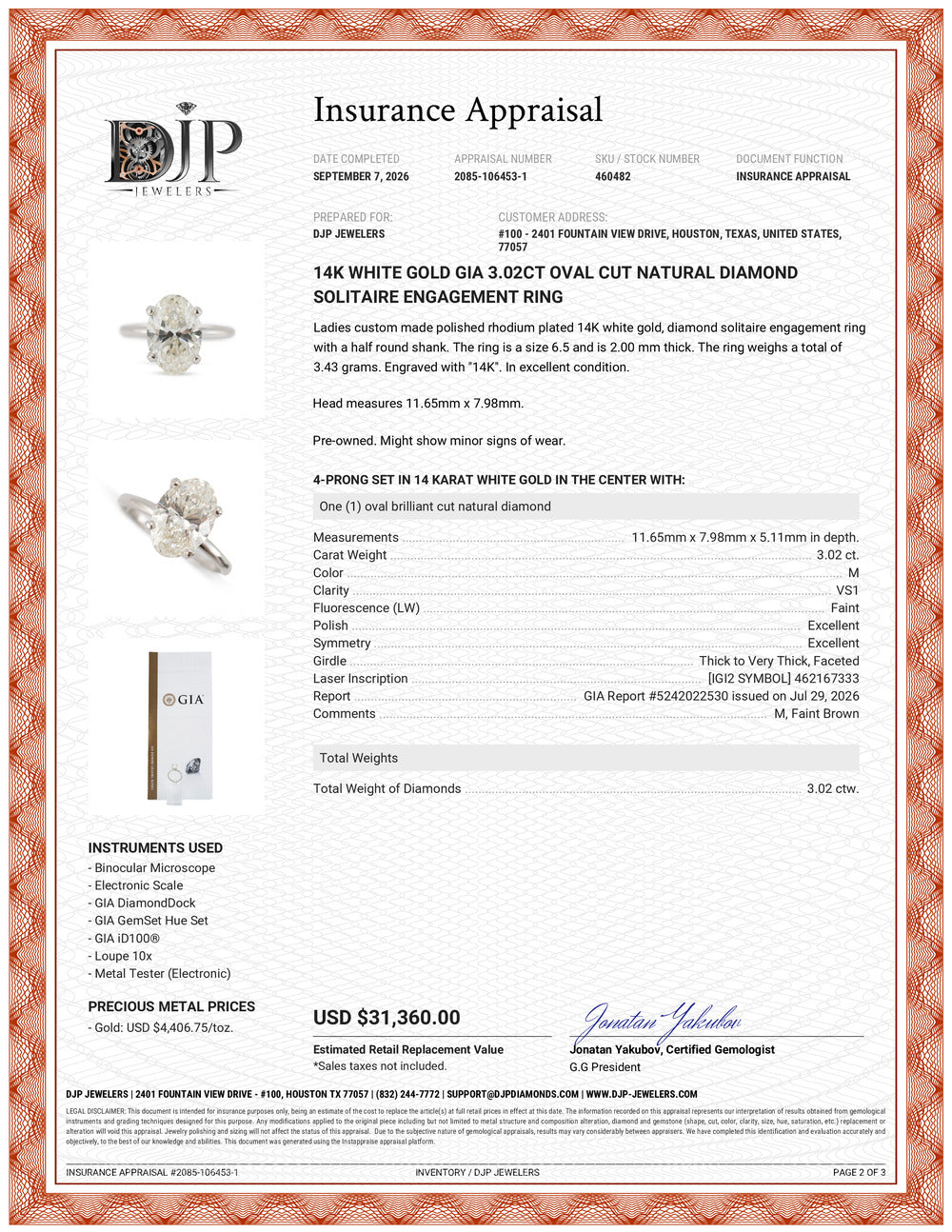 14K White Gold Gia 3.02ct Oval Cut Natural Diamond Solitaire Engagement Ring