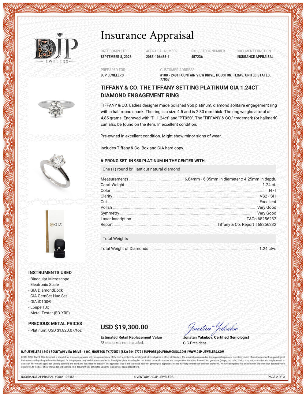 Tiffany & Co. The Tiffany Setting Platinum Gia 1.24ct Diamond Engagement Ring