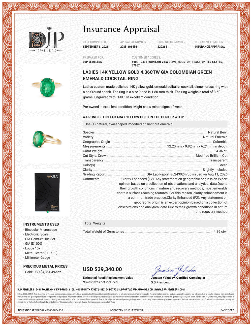 Ladies 14K Yellow Gold 4.36ctw Gia Colombian Green Emerald Cocktail Ring