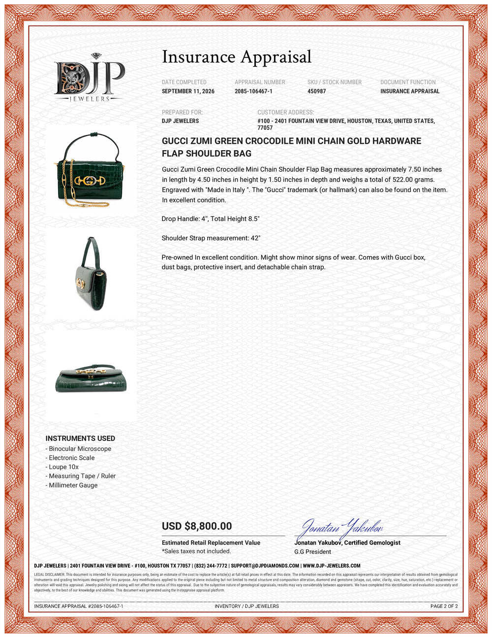 Gucci Zumi Green Crocodile Mini Chain Gold Hardware Flap Shoulder Bag