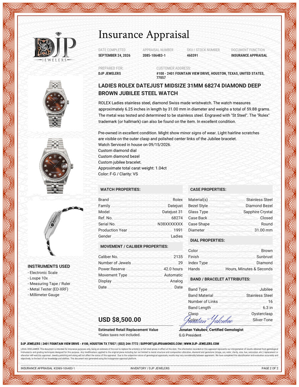 Ladies Rolex Datejust Midsize 31MM 68274 Diamond Deep Brown Jubilee Steel Watch