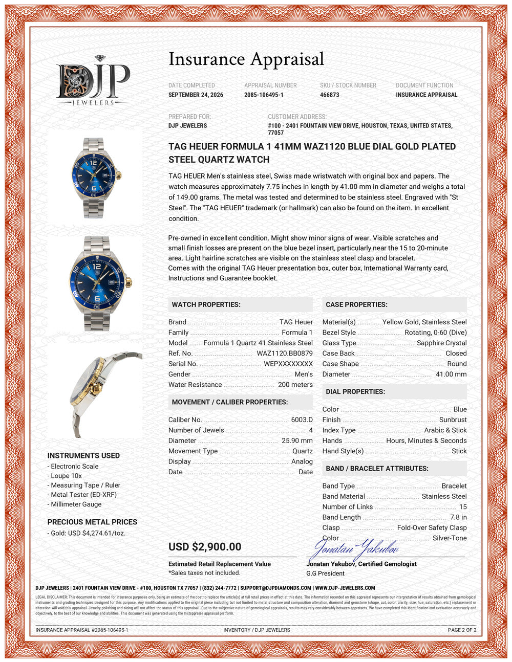 Tag Heuer Formula 1 41MM WAZ1120 Blue Dial Gold Plated Steel Quartz Watch