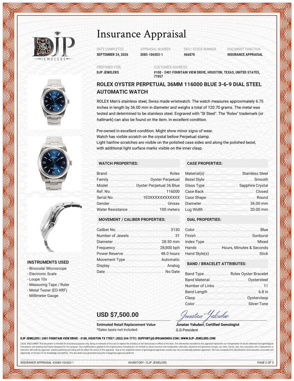 Rolex Oyster Perpetual 36MM 116000 Blue 3-6-9 Dial Steel Automatic Watch