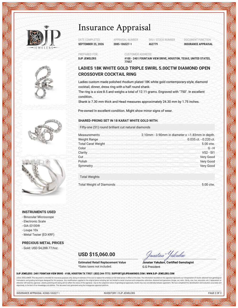 Ladies 18K White Gold Triple Swirl 5.00ctw Diamond Open Crossover Cocktail Ring