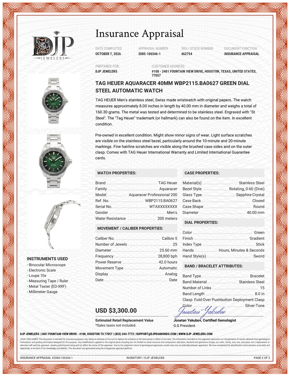 Tag Heuer Aquaracer 40MM wbp2115.ba0627 Green Dial Steel Automatic Watch