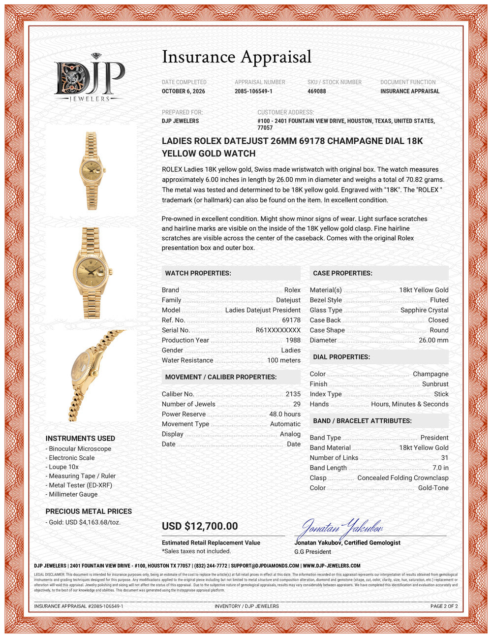 Ladies Rolex Datejust 26MM 69178 Champagne Dial 18K Yellow Gold Watch