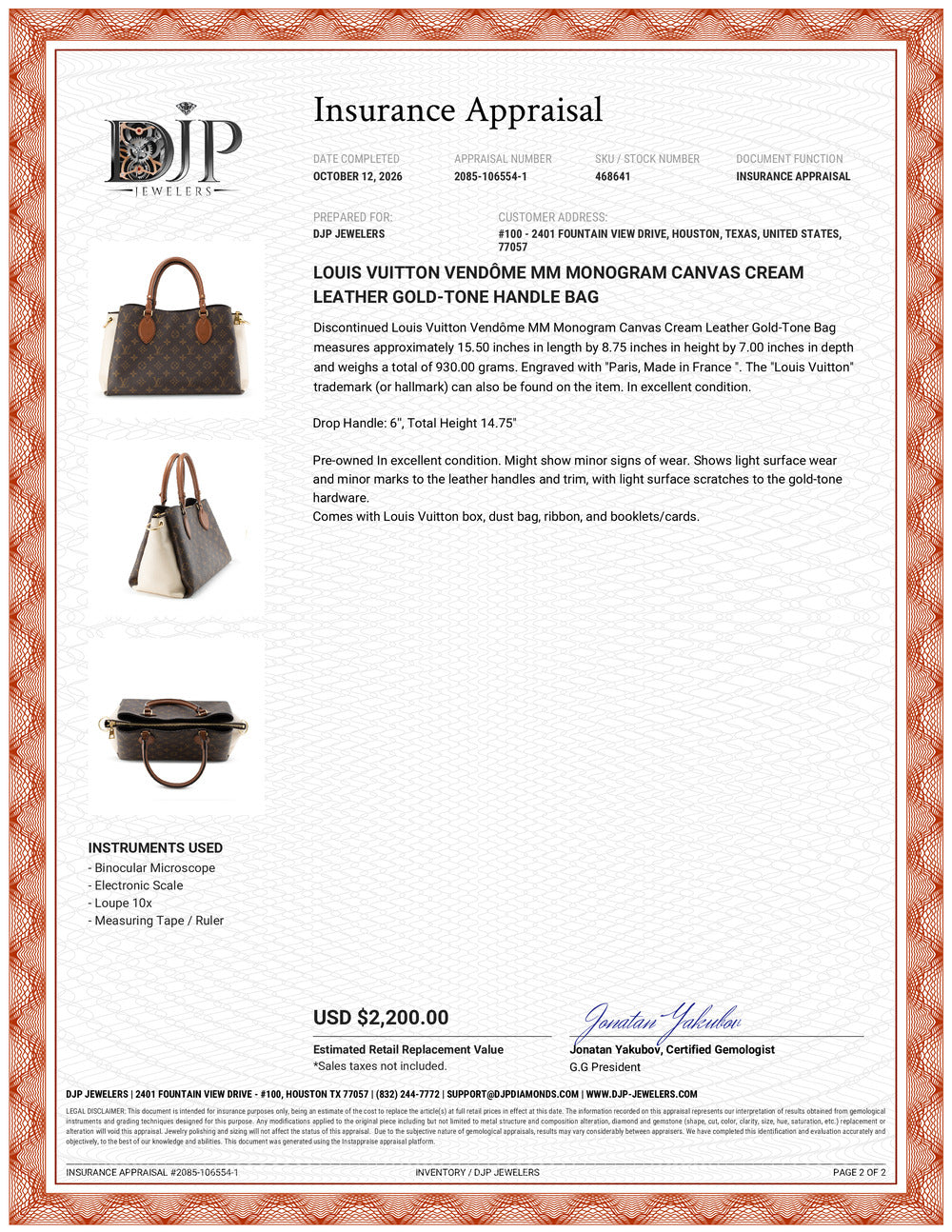 Louis Vuitton Vendôme MM Monogram Canvas Cream Leather Gold-Tone Handle Bag