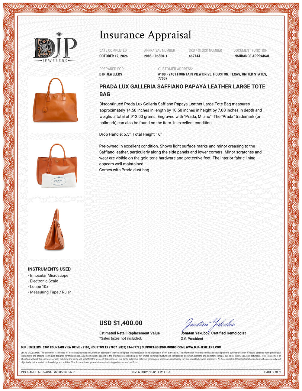 Prada Lux Galleria Saffiano Papaya Leather Large Tote Bag