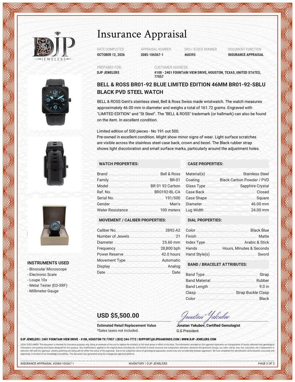 Bell & Ross BR01-92 Blue Limited Edition 46MM BR01-92-Sblu Black Pvd Steel Watch