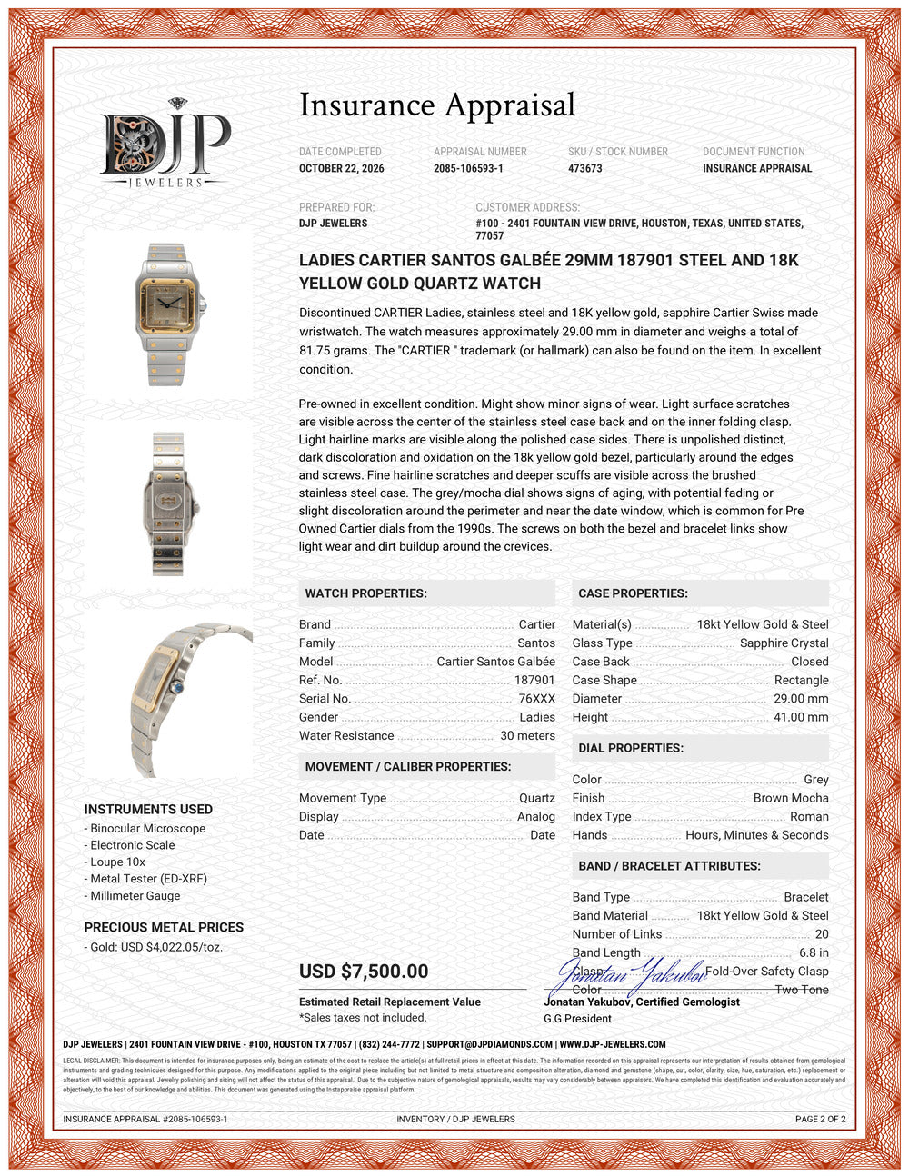 Ladies Cartier Santos Galbée 29MM 187901 Steel and 18K Yellow Gold Quartz Watch