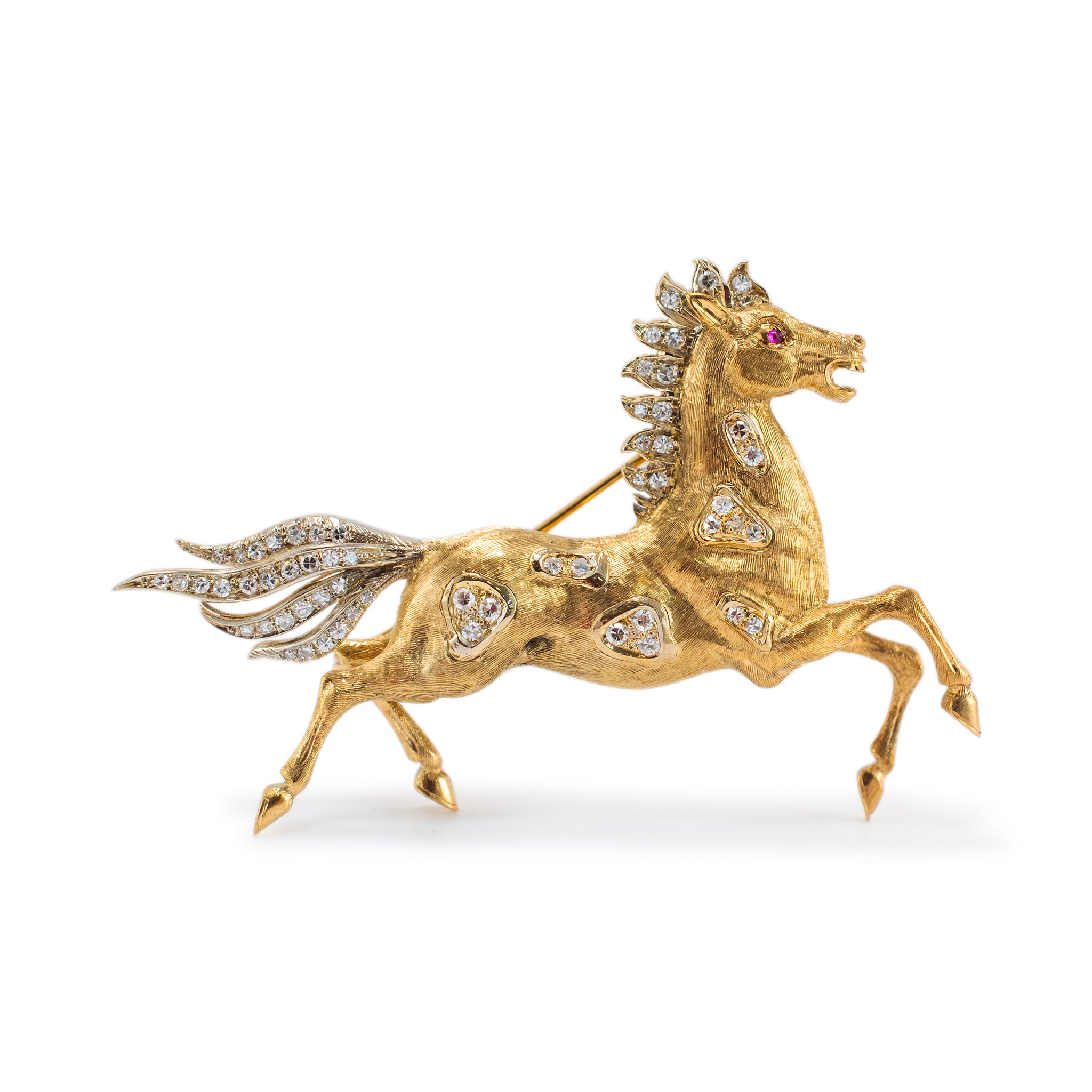 Vintage 18K Yellow and White Gold Ruby Eye Diamond Horse PIN
