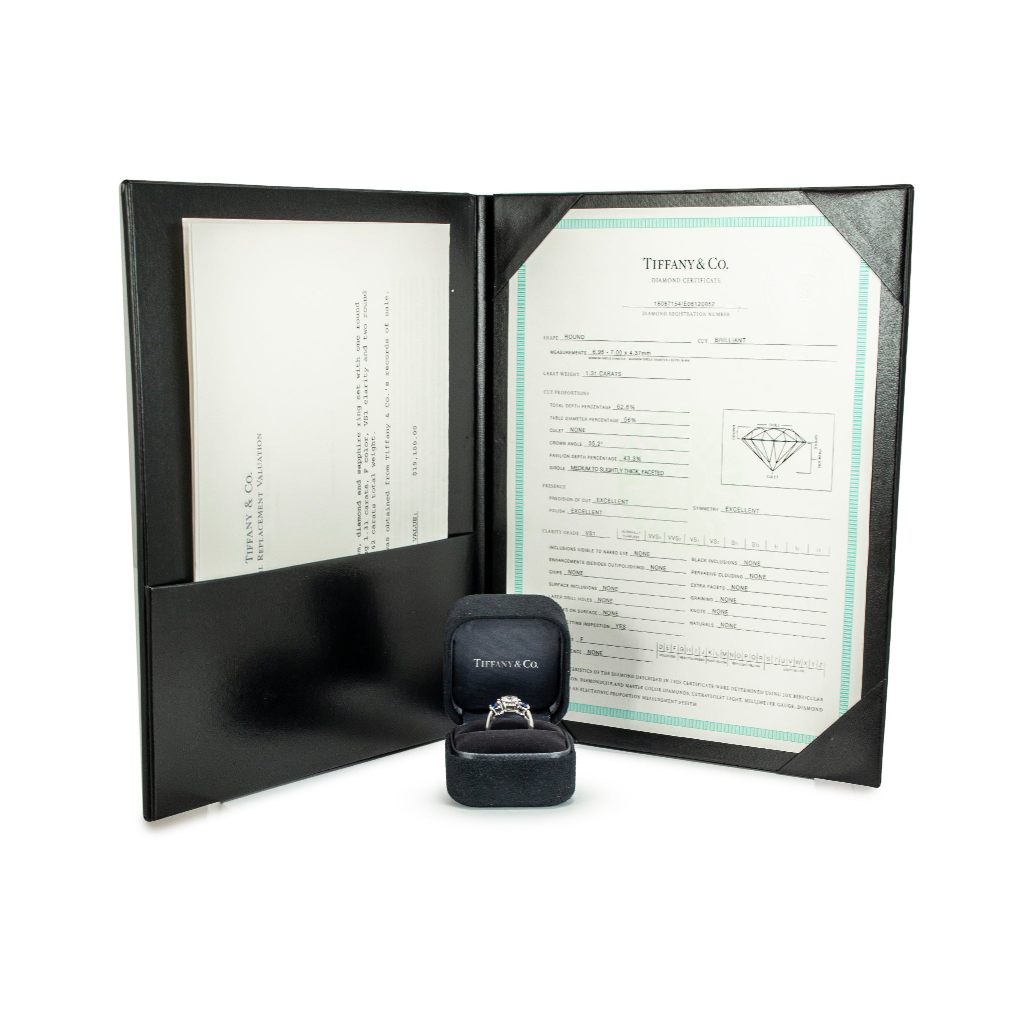 Tiffany & Co. Three Stone Platinum 1.31ct Gia Diamond Sapphire Engagement Ring