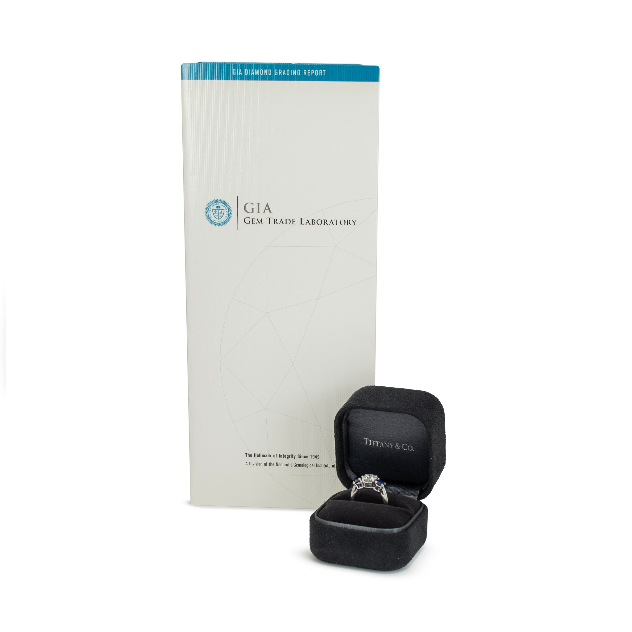 Tiffany & Co. Three Stone Platinum 1.31ct Gia Diamond Sapphire Engagement Ring