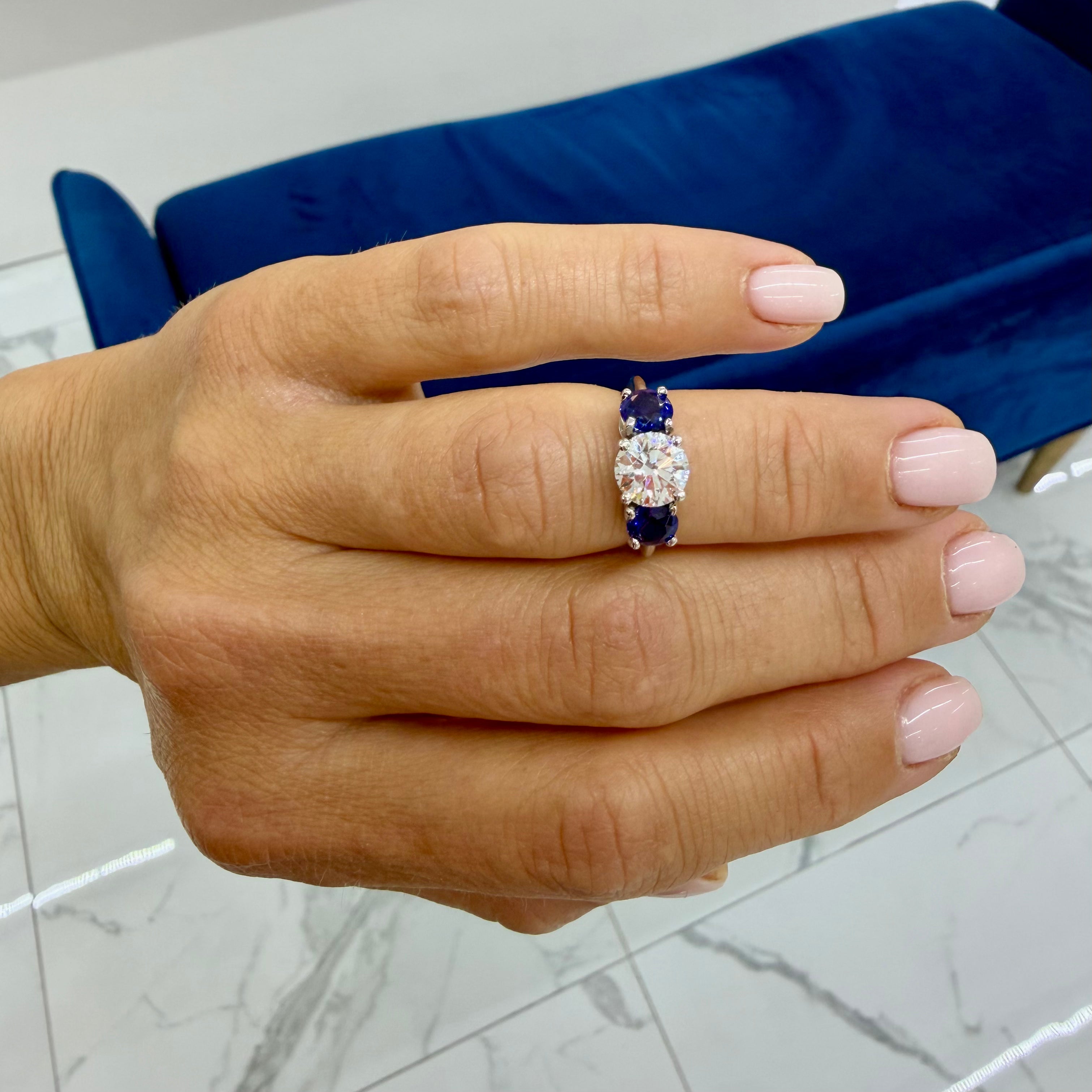 Tiffany & Co. Three Stone Platinum 1.31ct Gia Diamond Sapphire Engagement Ring