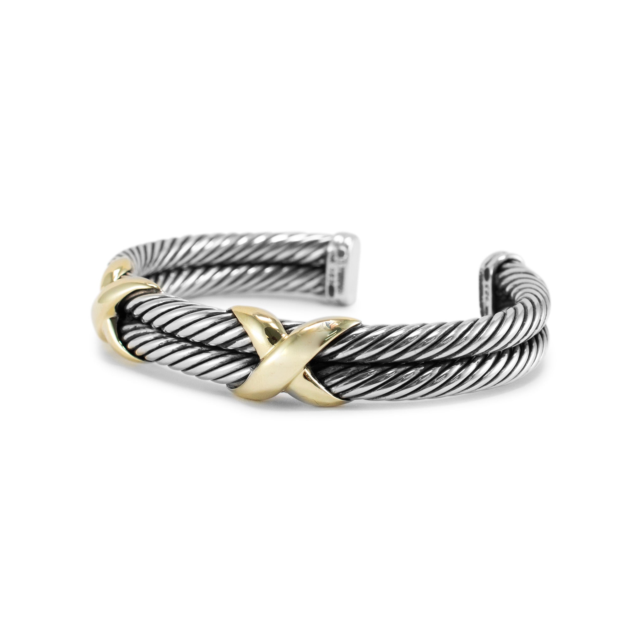 David Yurman Sterling Silver & 14K Gold Double Cable X Cuff Bangle Bracelet
