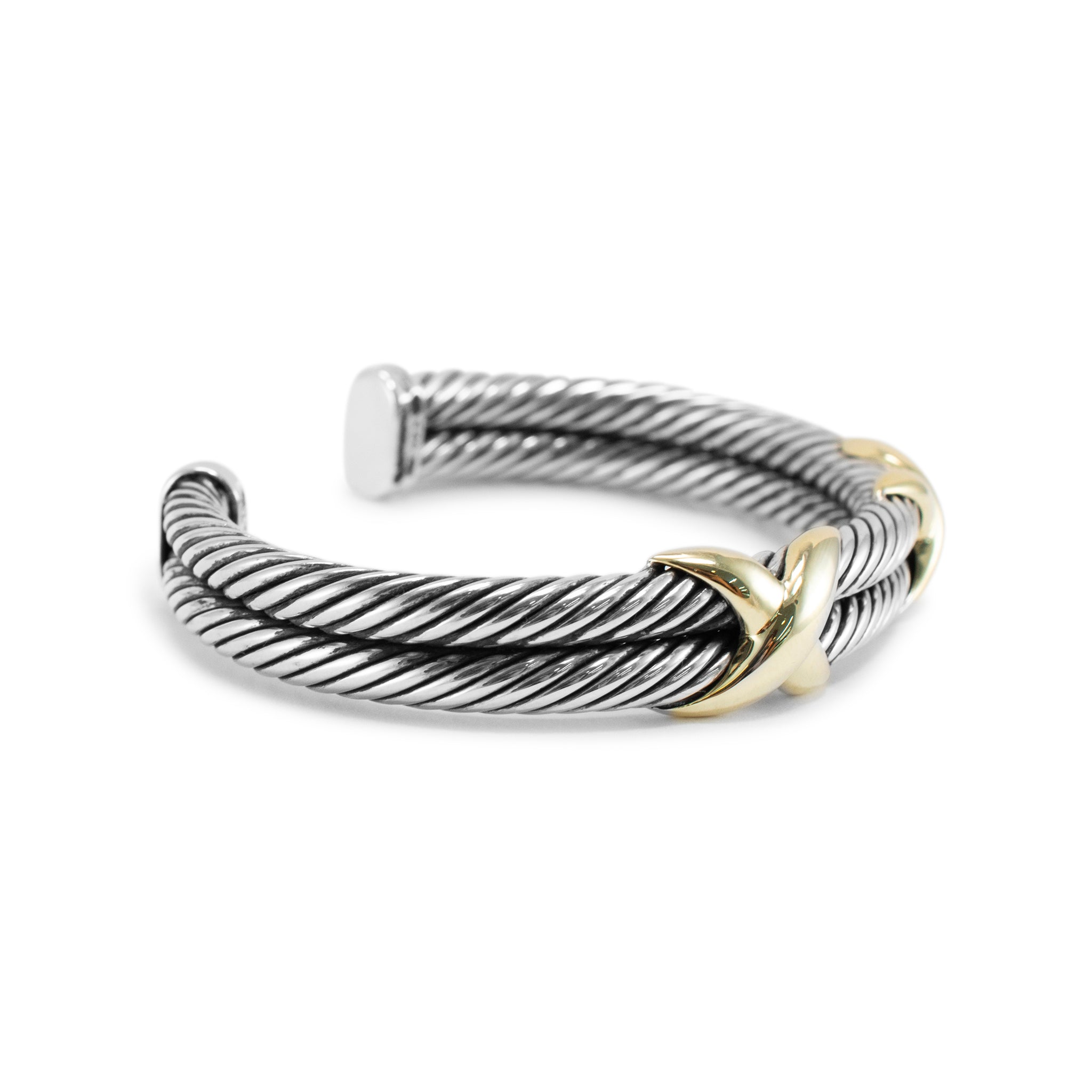 David Yurman Sterling Silver & 14K Gold Double Cable X Cuff Bangle Bracelet