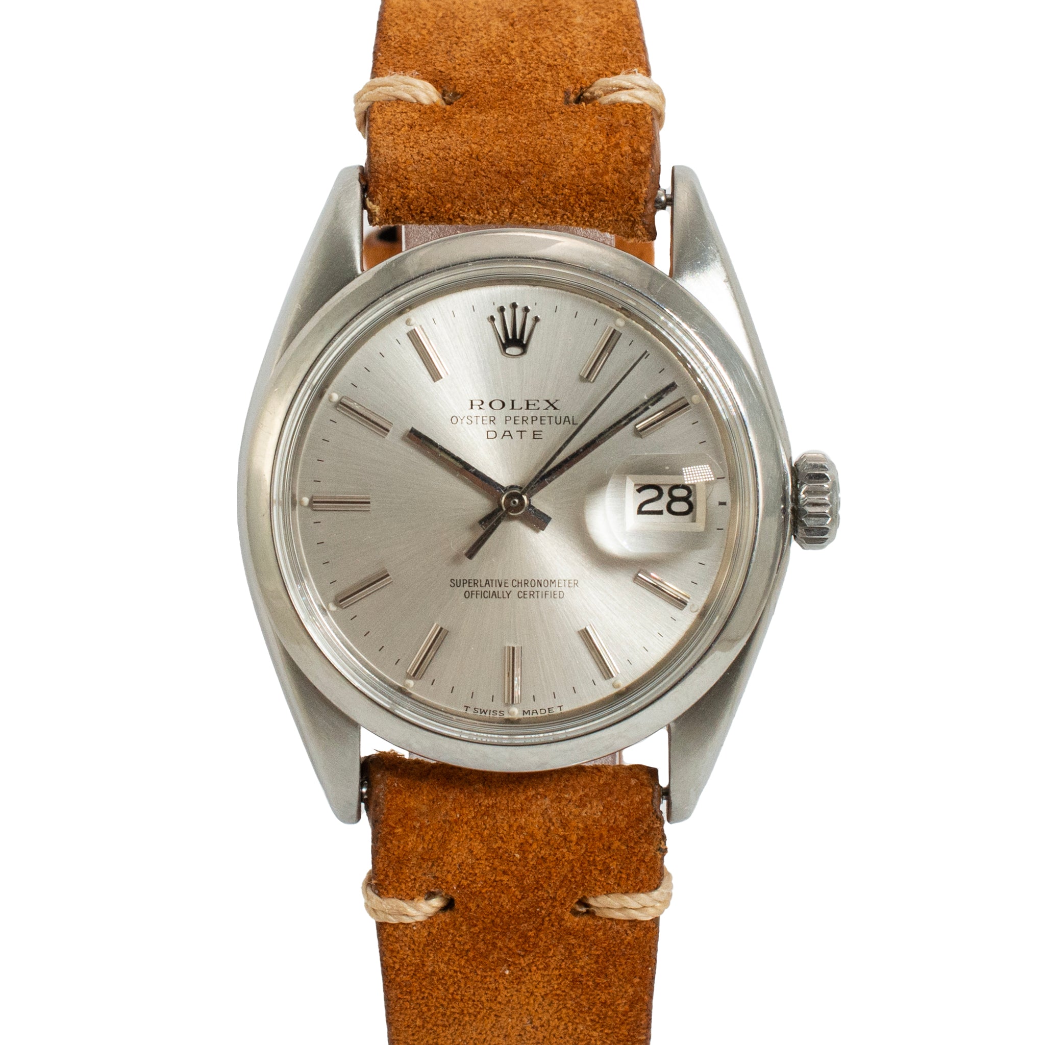 Vintage 1969 Rolex Oyster Perpetual Date 34MM 1500 Brown Leather Steel Watch