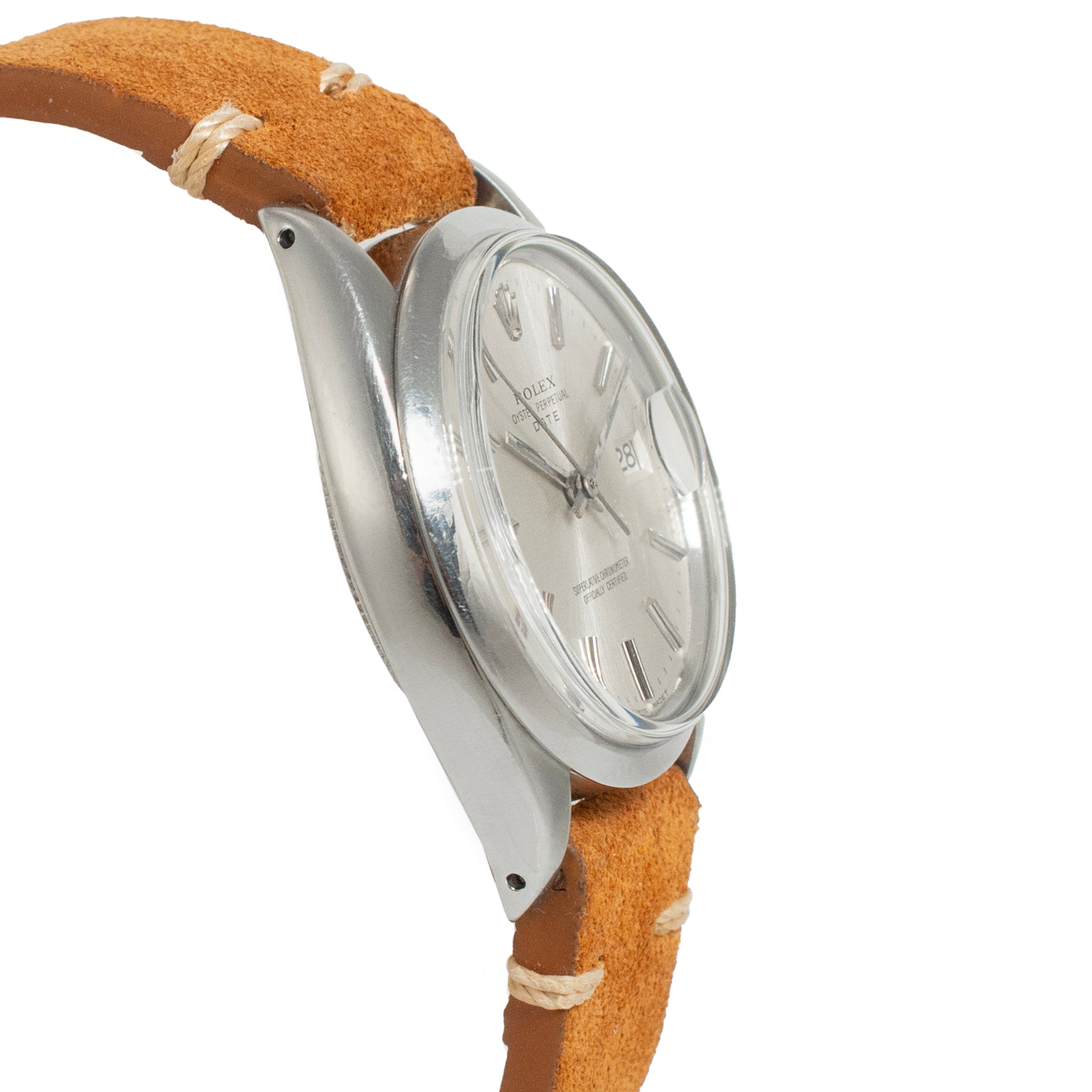 Vintage 1969 Rolex Oyster Perpetual Date 34MM 1500 Brown Leather Steel Watch