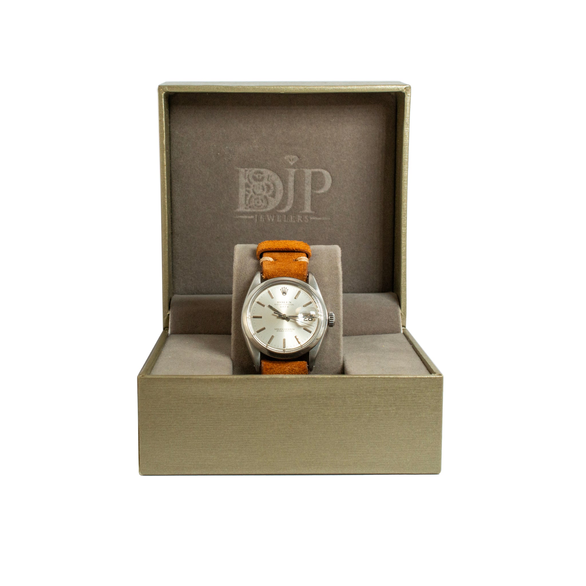 Vintage 1969 Rolex Oyster Perpetual Date 34MM 1500 Brown Leather Steel Watch