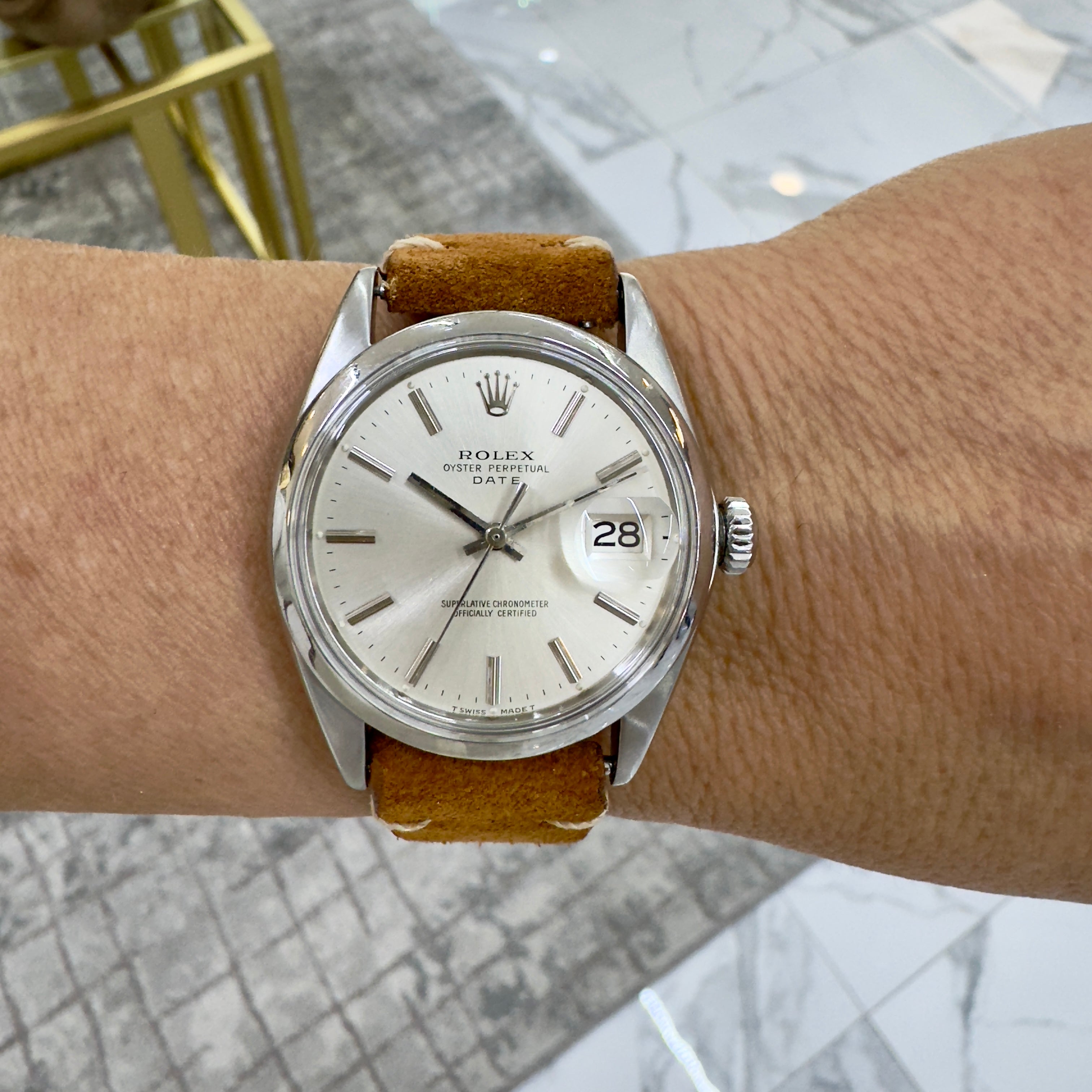 Vintage 1969 Rolex Oyster Perpetual Date 34MM 1500 Brown Leather Steel Watch