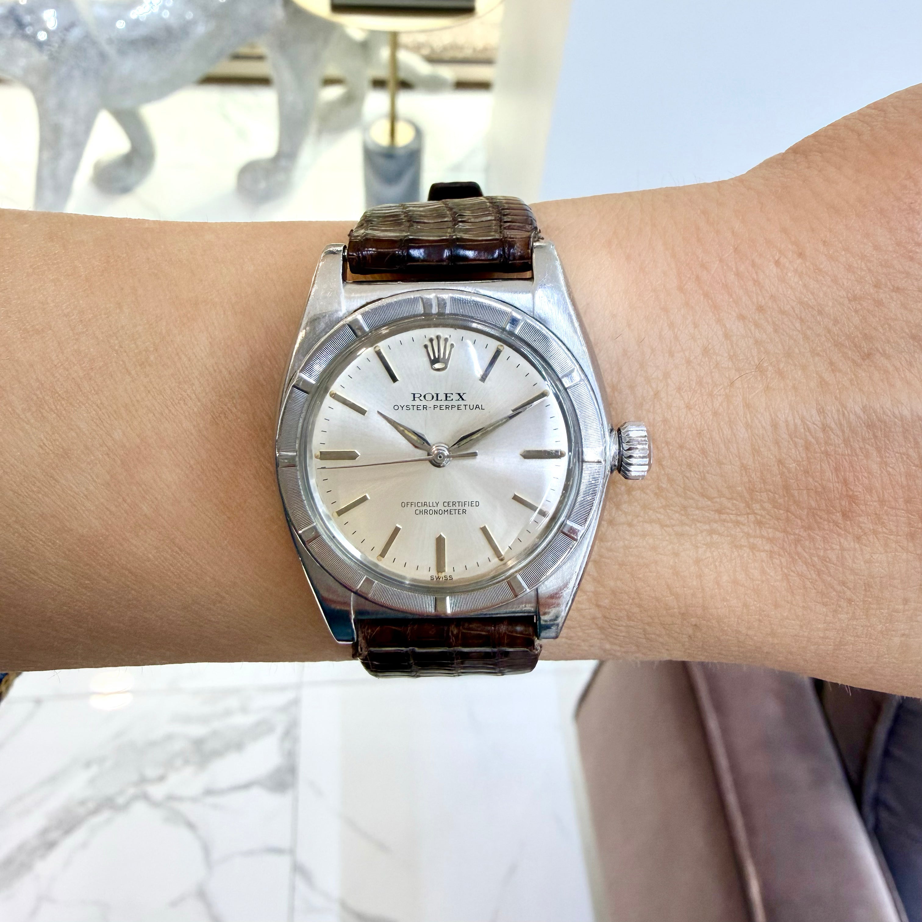 Vintage Rolex Oyster Perpetual 32MM 3372 Brown Bubble Back Steel Automatic Watch