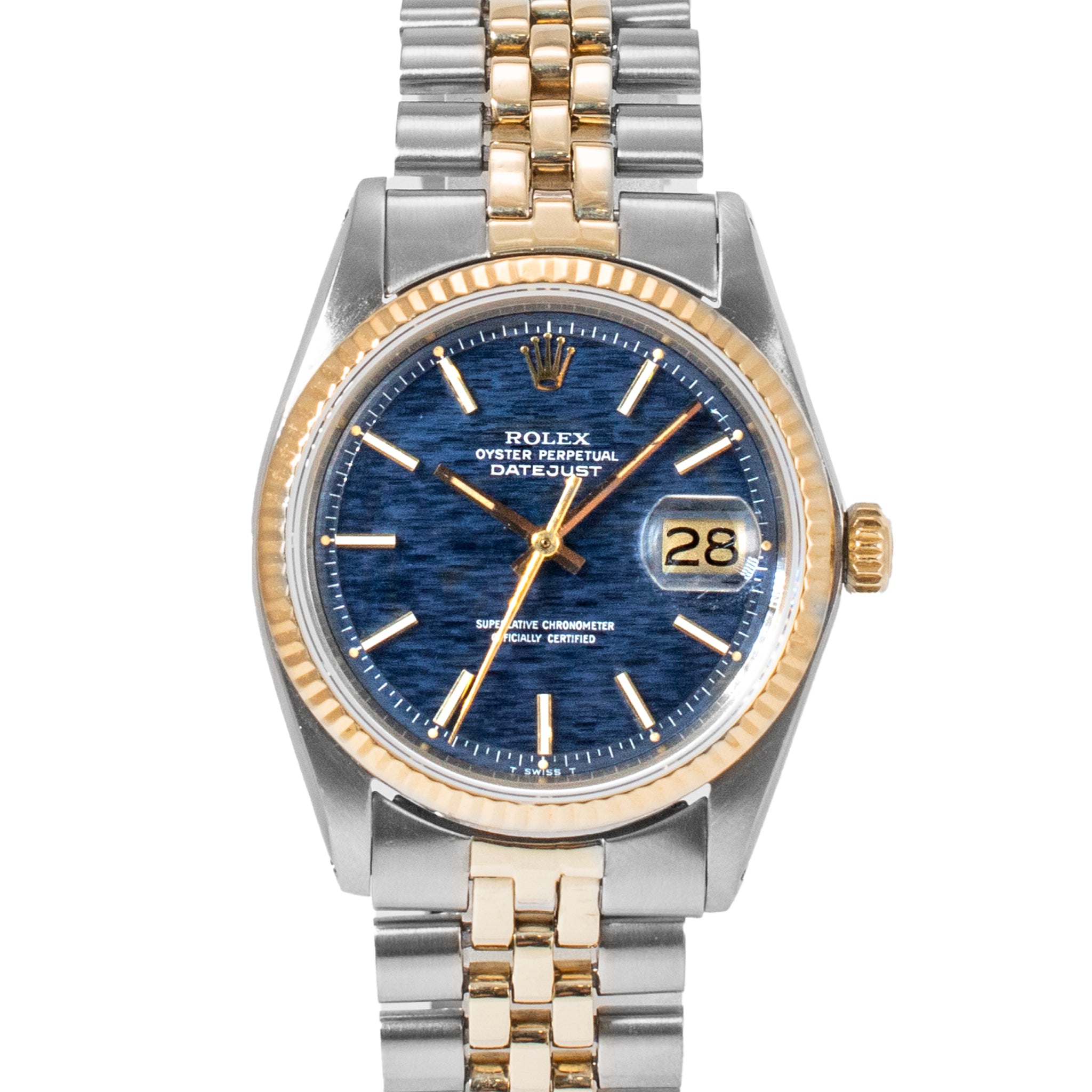 Vintage Rolex Datejust 36MM 1603 Blue Shantung Dial Jubilee Gold Steel Watch