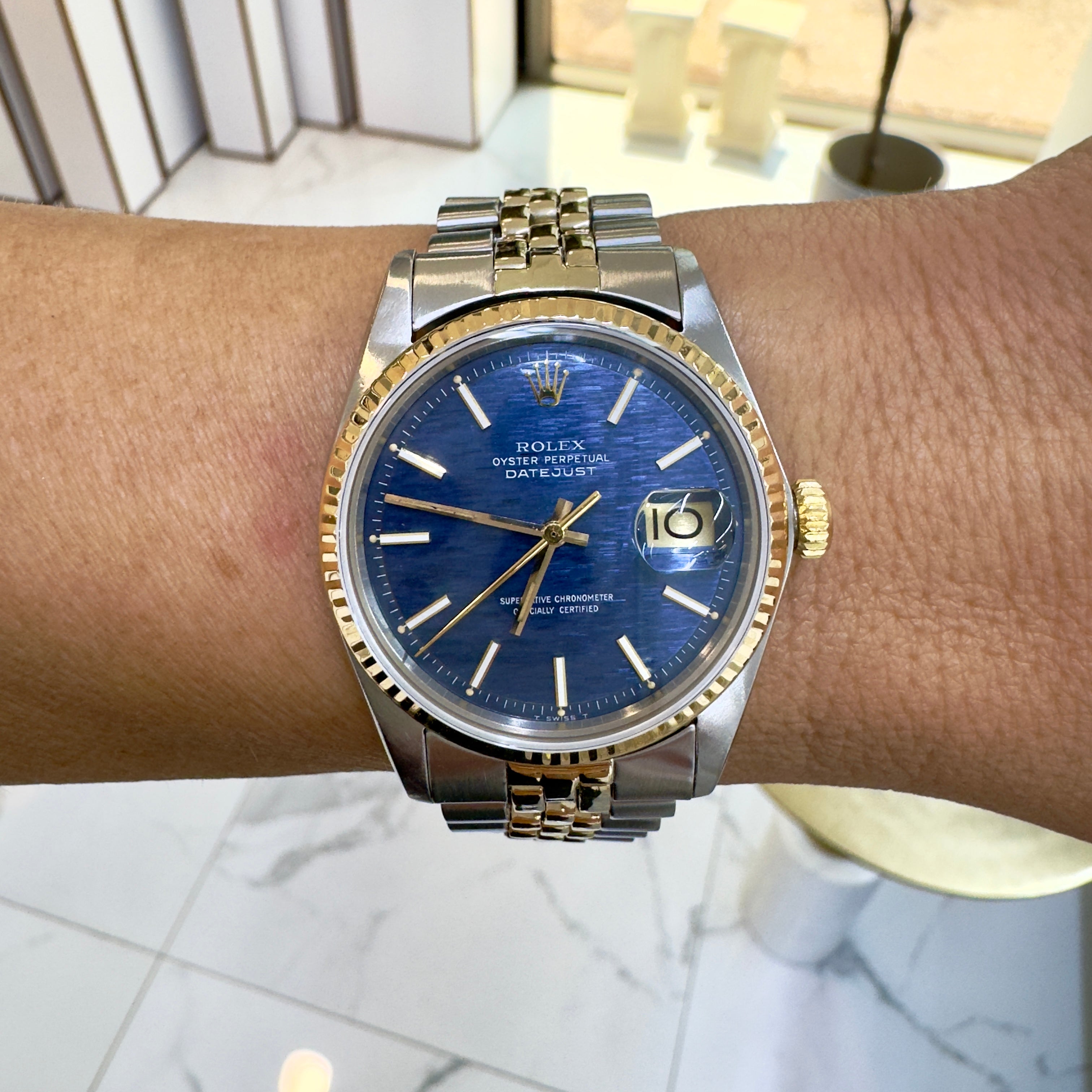 Vintage Rolex Datejust 36MM 1603 Blue Shantung Dial Jubilee Gold Steel Watch