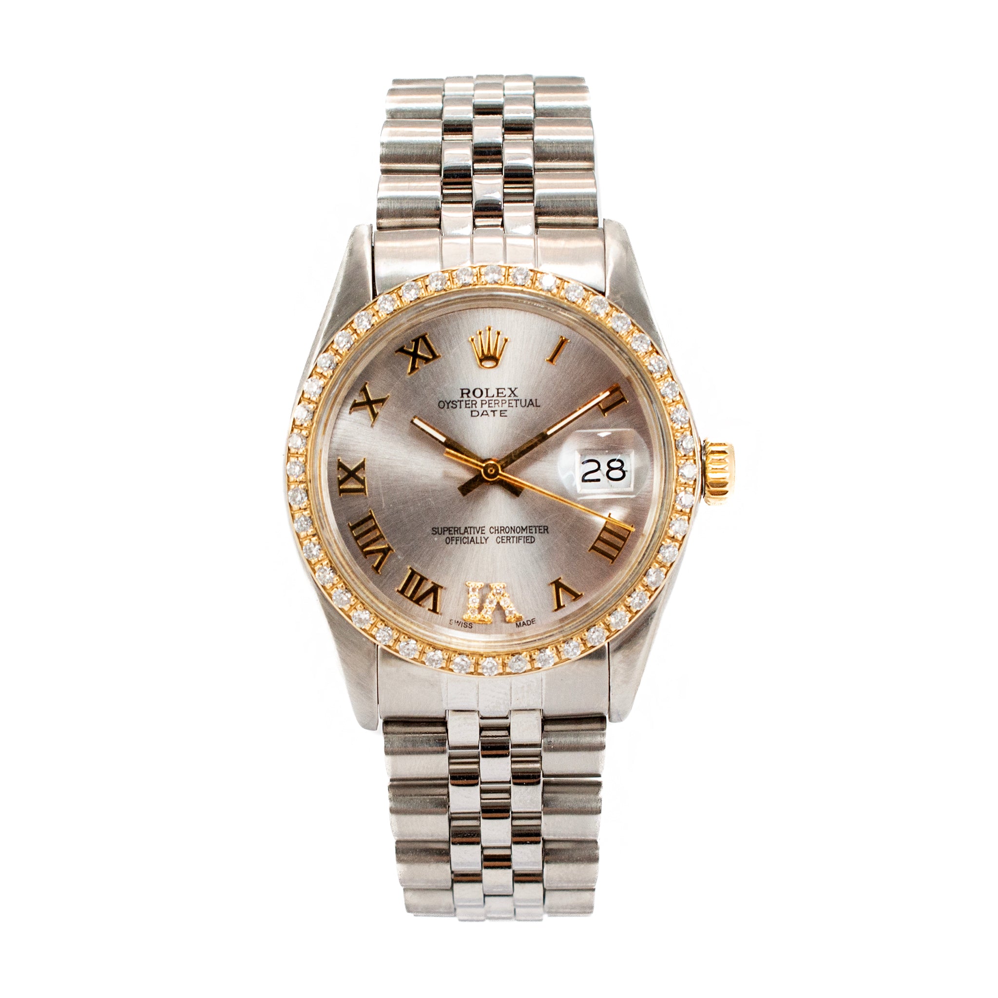 Rolex Oyster Perpetual Date 34MM 1501 Roman Diamond Jubilee Gold Steel Watch
