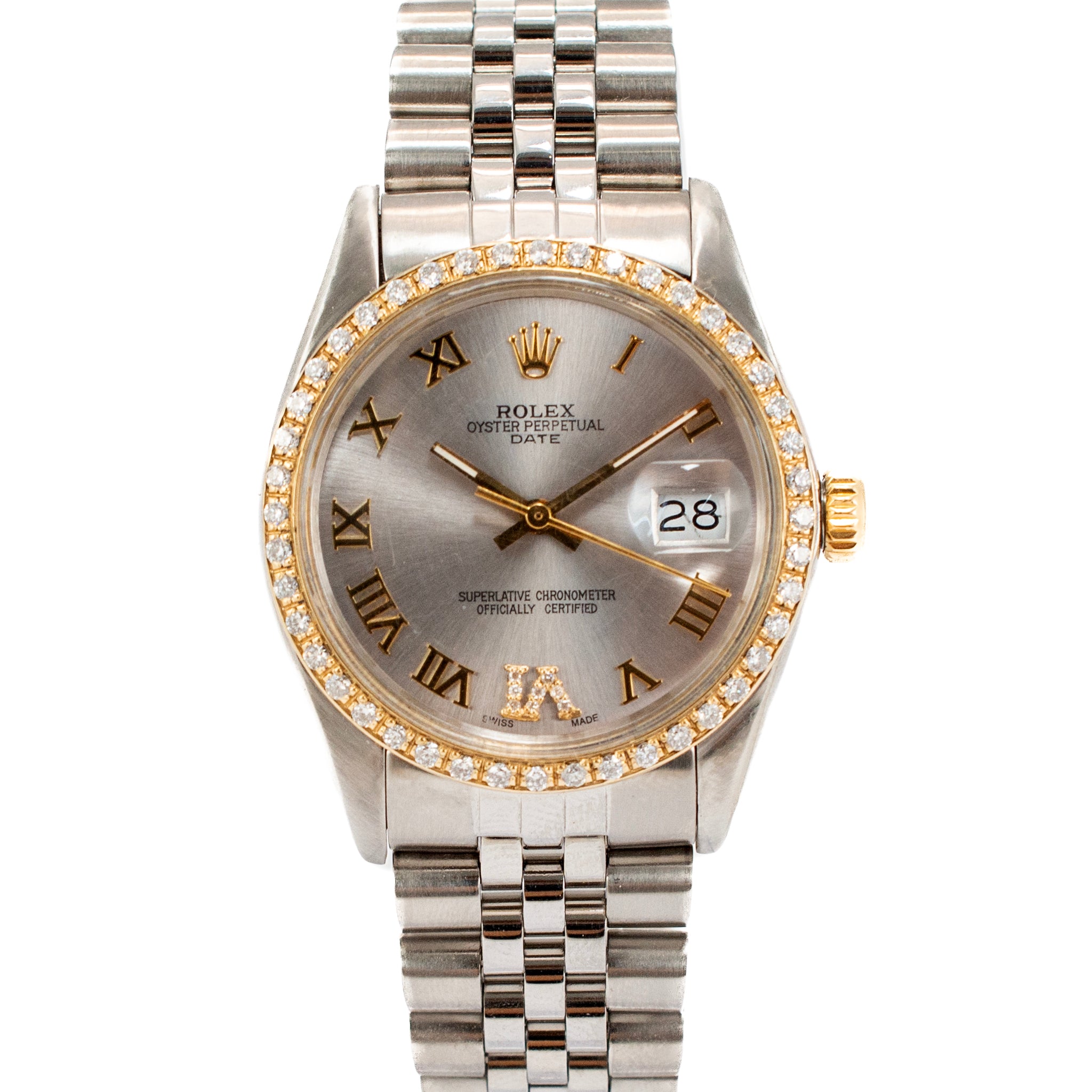 Rolex Oyster Perpetual Date 34MM 1501 Roman Diamond Jubilee Gold Steel Watch